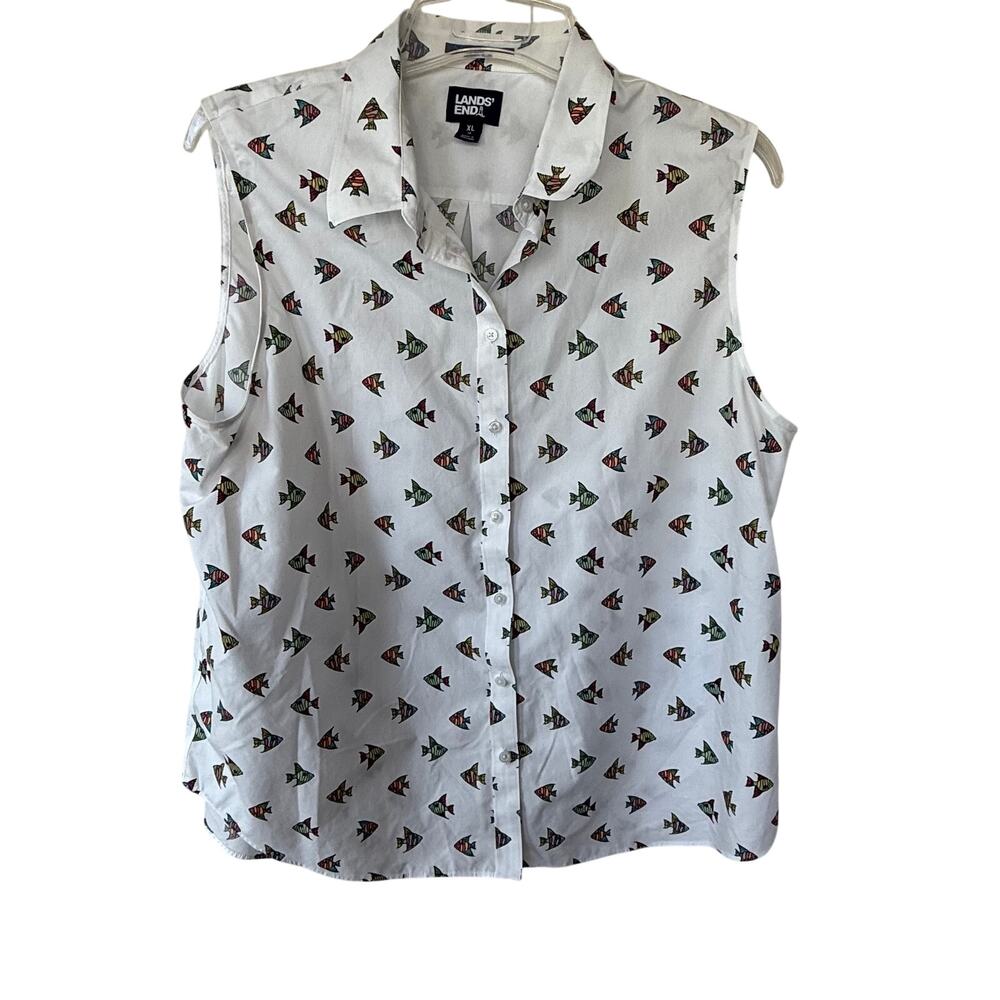 Lands' End women's white sleeveless button-down shirt all-over fish print.